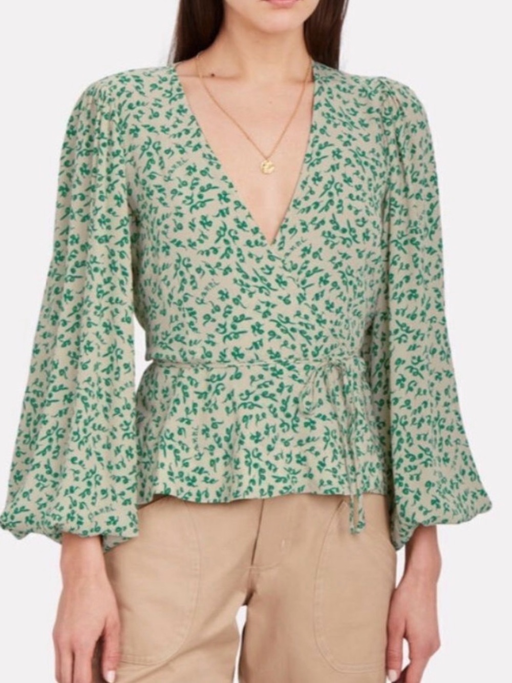 Ganni Spring Green Floral Wrap Blouse